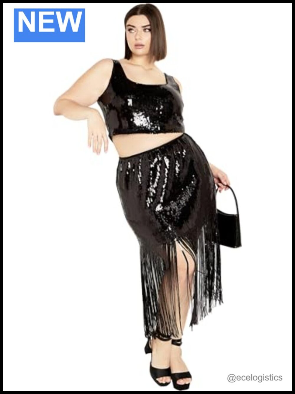 Plus Size Sequin Mini Party Skirt with Tassel Hem High Waist Pull On
